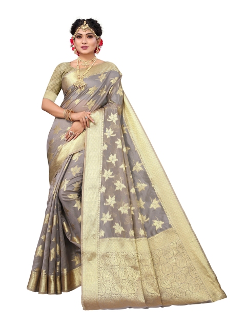 

Nimayaa Grey & Gold-Toned Floral Zari Silk Blend Kanjeevaram Saree