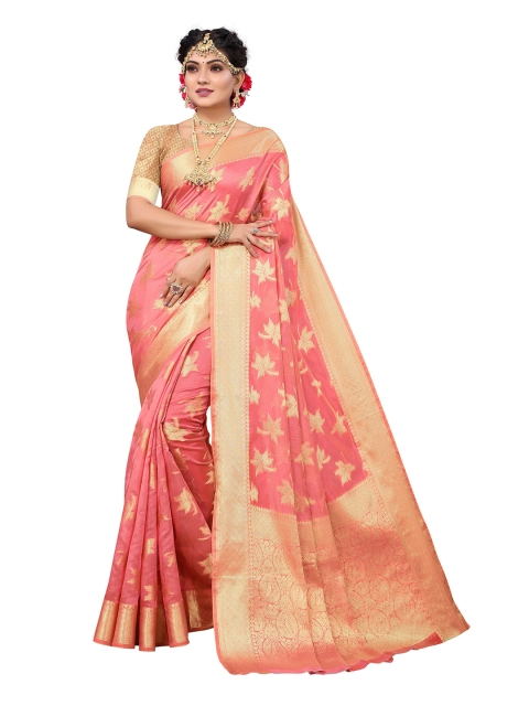 

Nimayaa Pink & Gold-Toned Floral Zari Silk Blend Kanjeevaram Saree