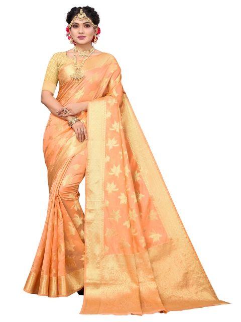 

Nimayaa Peach-Coloured & Gold-Toned Floral Zari Silk Blend Kanjeevaram Saree