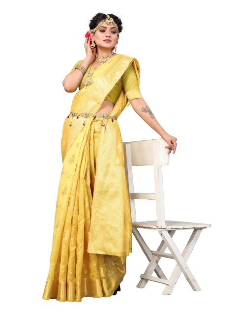 

Nimayaa Yellow & Gold-Toned Floral Zari Silk Blend Kanjeevaram Saree