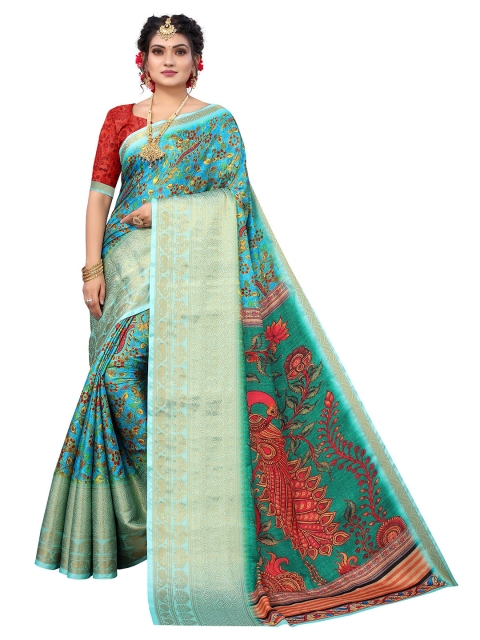 

Nimayaa Turquoise Blue & Gold-Toned Floral Zari Jamdani Saree