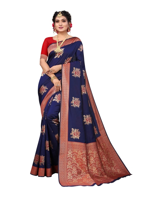 

Nimayaa Navy Blue & Red Floral Zari Silk Blend Kanjeevaram Saree