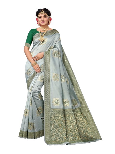

Nimayaa Grey & Gold-Toned Floral Zari Silk Blend Kanjeevaram Saree