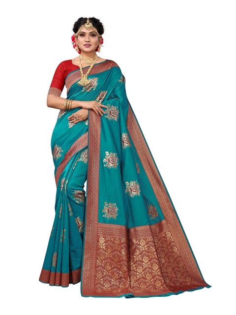 

Nimayaa Blue & Gold-Toned Floral Zari Silk Blend Kanjeevaram Saree
