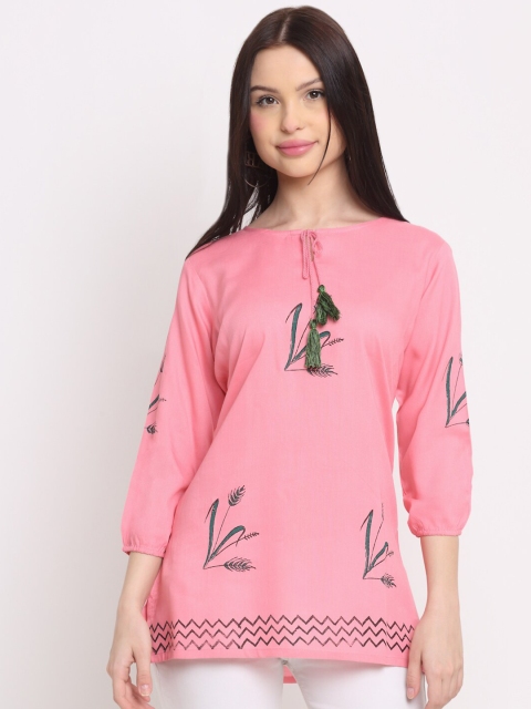

KALINI Peach-Coloured & light pink Print Tie-Up Neck Top