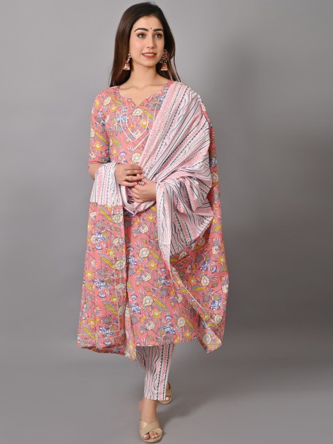 

VASTRAMANIAA Women Pink Ethnic Motifs Printed Pure Cotton Kurta with Trousers & With Dupatta