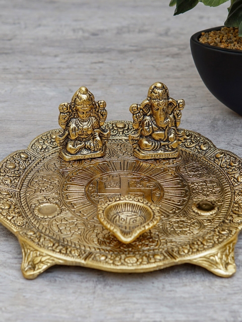 

StatueStudio Gold-Toned Oxidized Ganesha Lakshmi Pooja Thali With Diya