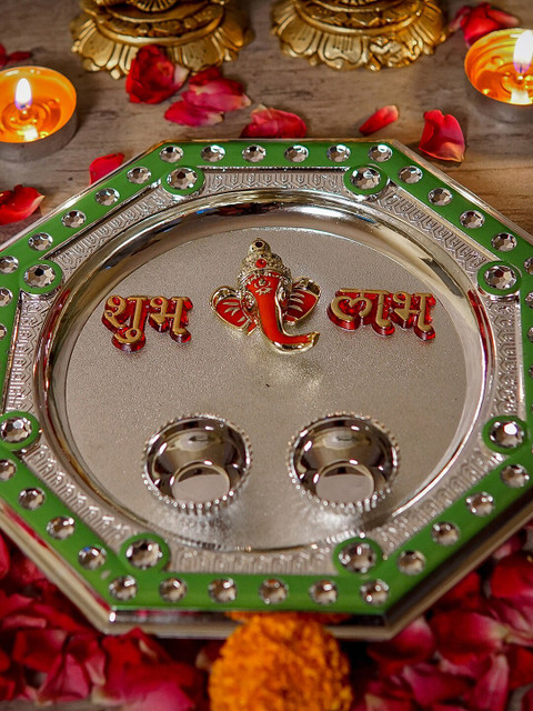 

StatueStudio Silver-Toned Green Pooja Thali With 2 Small Bowls, Multi