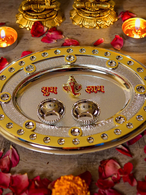 

StatueStudio Silver-toned & Yellow Embellished Pooja Thali
