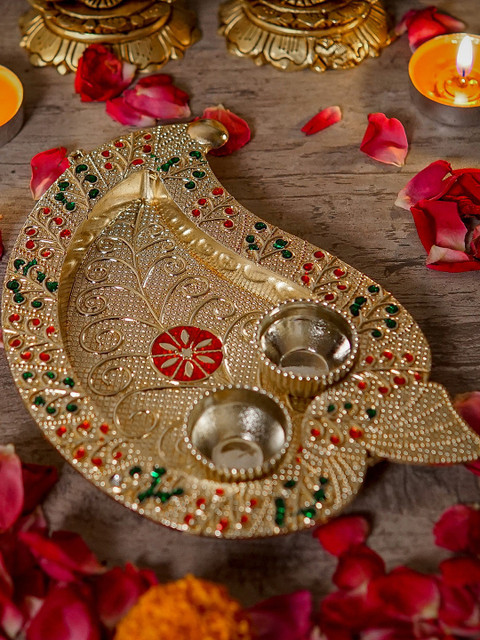 

StatueStudio Gold-Colored Textured Pooja Thali With 2 Small Bowls, Multi