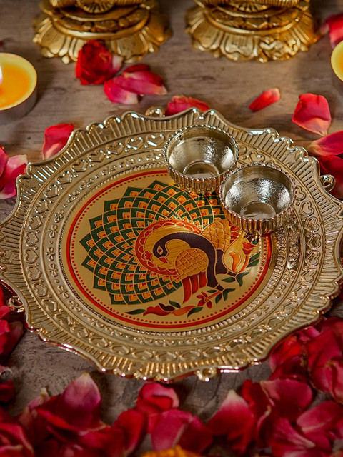 

StatueStudio Gold-toned & Blue Mini Pooja Thali With 2 Small Bowls