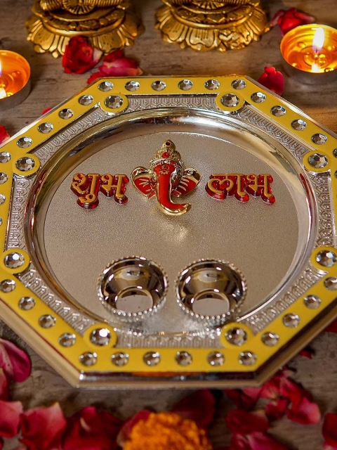 

StatueStudio Silver & Yellow Mini Pooja Thali With 2 Small Bowls, Multi