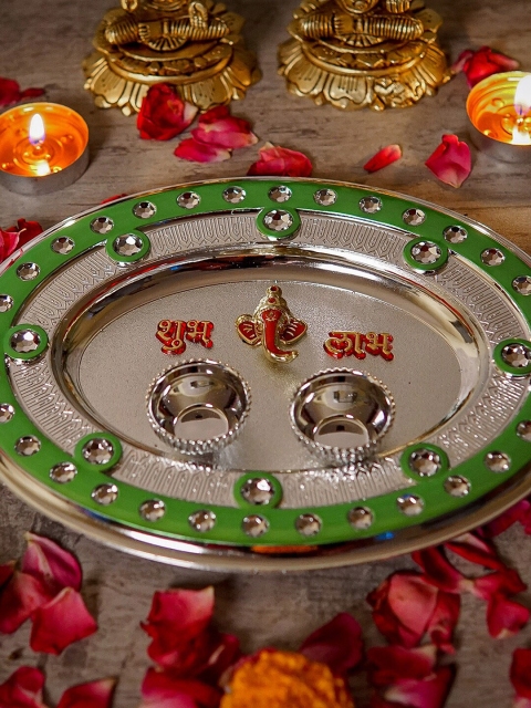 

StatueStudio Silver-toned & Green Pooja Thali With 2 Small Bowls, Multi