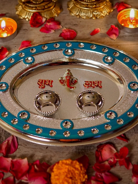 

StatueStudio Silver-toned & Blue Embellished Mini Pooja Thali With 2 Small Bowls, Multi