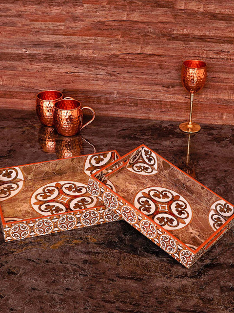 

StatueStudio Set Of 2 Brown & Orange-Colored Printed Serving Trays
