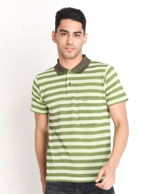 

PROTEX Men Olive Green Striped Polo Collar T-shirt