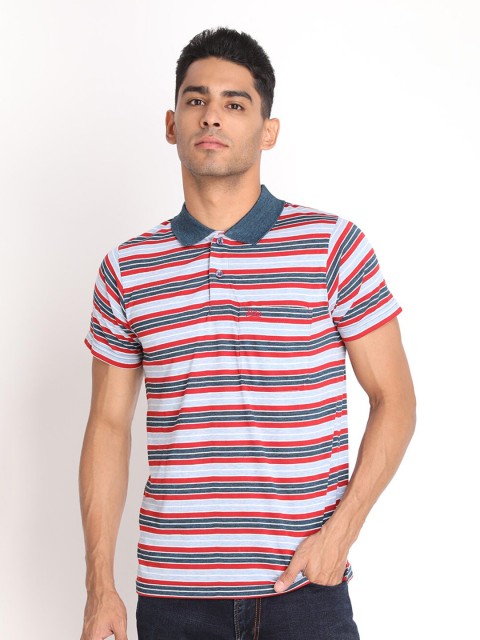 

PROTEX Men Navy Blue & shrimp Striped V-Neck T-shirt