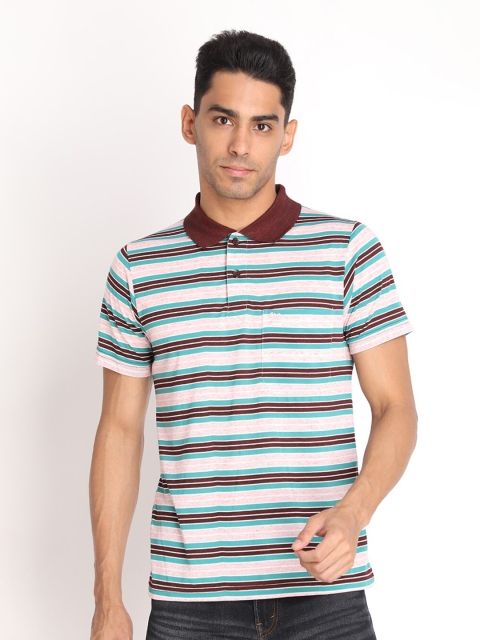 

PROTEX Men Maroon & petal pink Striped Polo Collar T-shirt