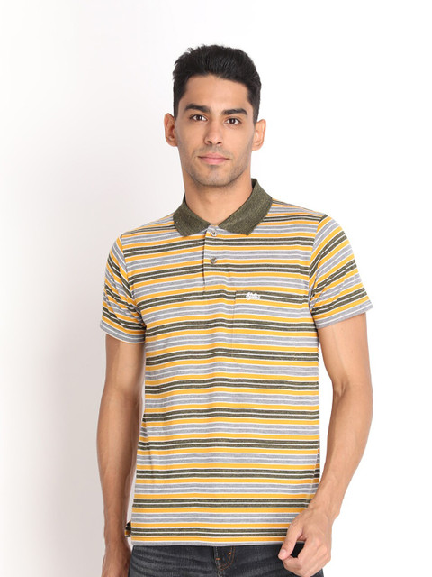 

PROTEX Men Olive Green & pale silver Striped Polo Collar T-shirt
