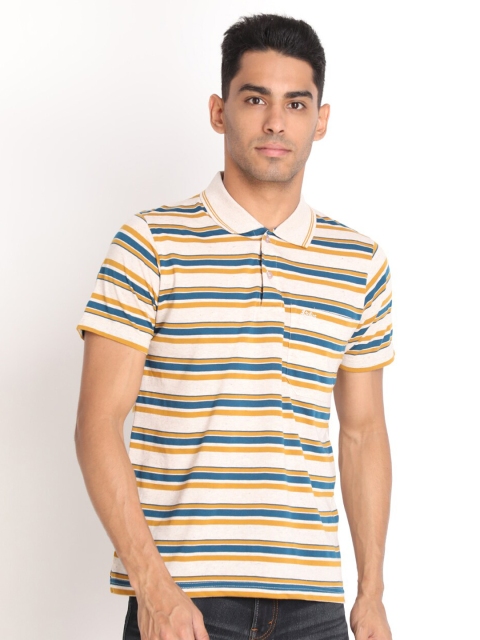 

PROTEX Men Cream-Coloured & white alyssum Striped Polo Collar T-shirt