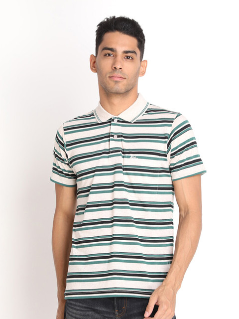 

PROTEX Men Cream-Coloured Striped Polo Collar T-shirt