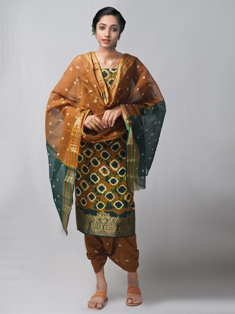 

Unnati Silks Brown & Green Dyed Pure Cotton Unstitched Dress Material
