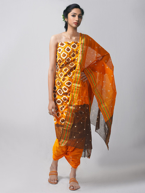 

Unnati Silks Orange & White Dyed Pure Cotton Unstitched Dress Material