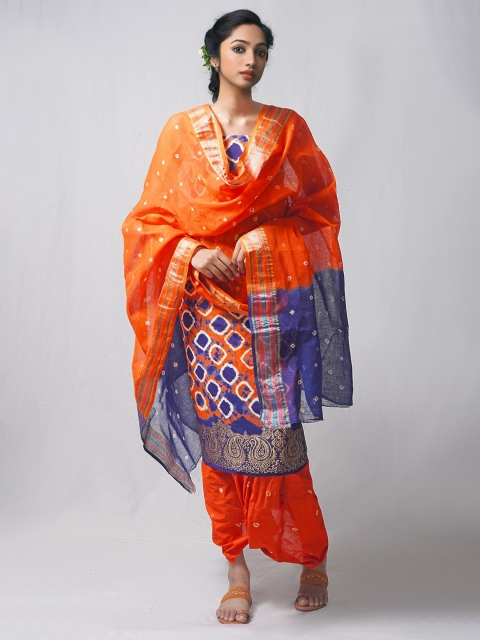 

Unnati Silks Orange & Blue Dyed Pure Cotton Unstitched Dress Material