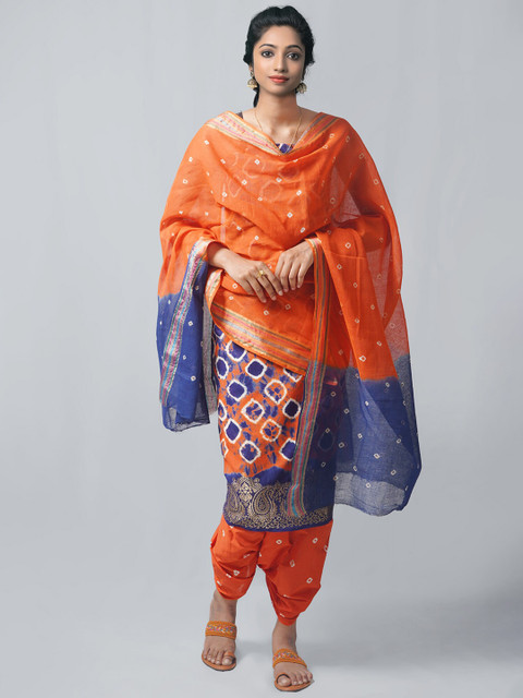 

Unnati Silks Orange & Blue Dyed Pure Cotton Unstitched Dress Material