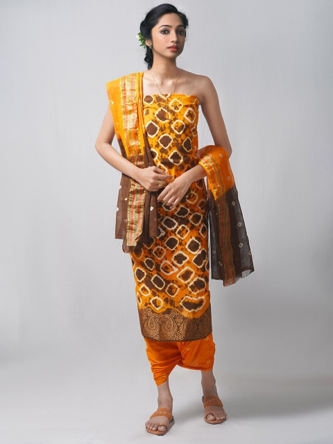 

Unnati Silks Orange & White Dyed Pure Cotton Unstitched Dress Material