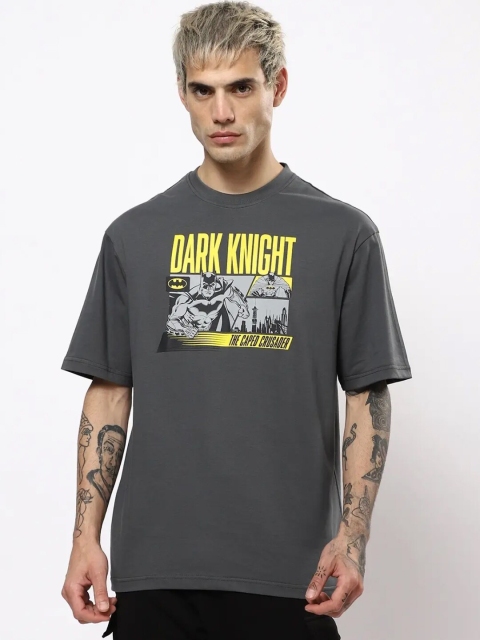 

Bewakoof Men Grey & plum perfect Printed Extended Sleeves Applique Loose T-shirt