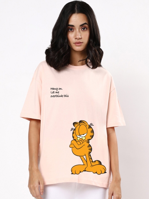 

Bewakoof Women Pink & petal pink Typography Printed V-Neck Loose T-shirt
