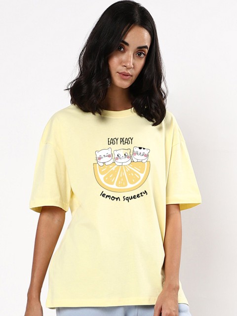 

Bewakoof Women Yellow & transparent yellow Typography Printed Drop-Shoulder Sleeves Loose T-shirt