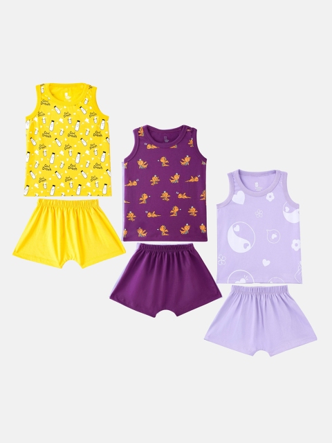 

Cuddles for Cubs Pack of 3 Unisex Kids Violet & Lavender Printed T-shirt with Shorts