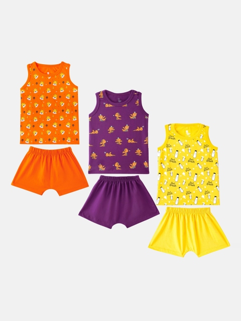 

Cuddles for Cubs Pack Of 3 Kids Orange & Yellow Printed Top with Shorts