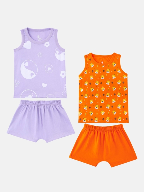 

Cuddles for Cubs Kids Purple & Orange Set of 2 Printed Cotton Clothing Set
