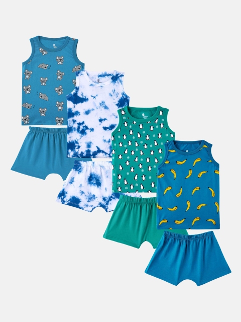 

Cuddles for Cubs Pack of 4 Unisex Kids Blue & Green Printed Pure Cotton Top with Shorts