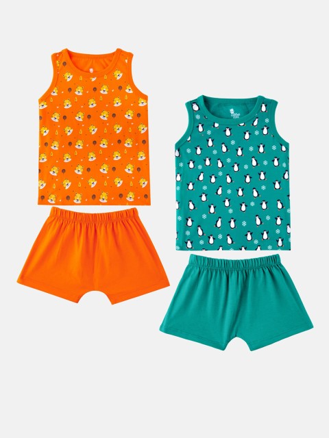 

Cuddles for Cubs Kids Pack Of 2 Orange & Blue Printed Pure Cotton Top with Shorts