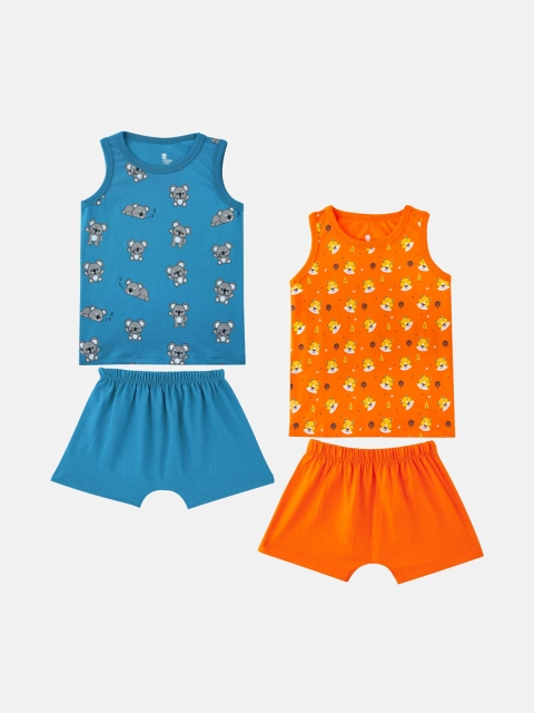 

Cuddles for Cubs Kids Orange & Blue Printed Pure Cotton Top with Shorts Pack Of 2