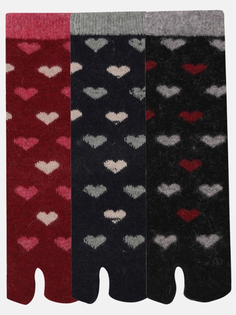 

NEXT2SKIN Women Pack of 3 Red & Black Patterned Woollen Calf length Thumb Socks