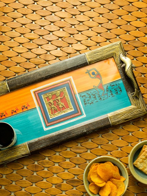 

ExclusiveLane Orange & Blue Dhokra & Warli Art Hand-Painted Rectangular Tray