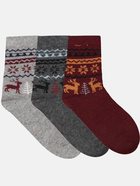 

NEXT2SKIN Women Pack of 3 Grey & Maroon Patterned Woollen Calf length Socks