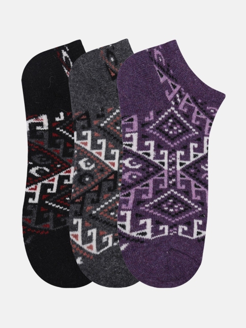 

N2S NEXT2SKIN Women Set of 3 Patterned Woollen Ankle Length Socks, Purple