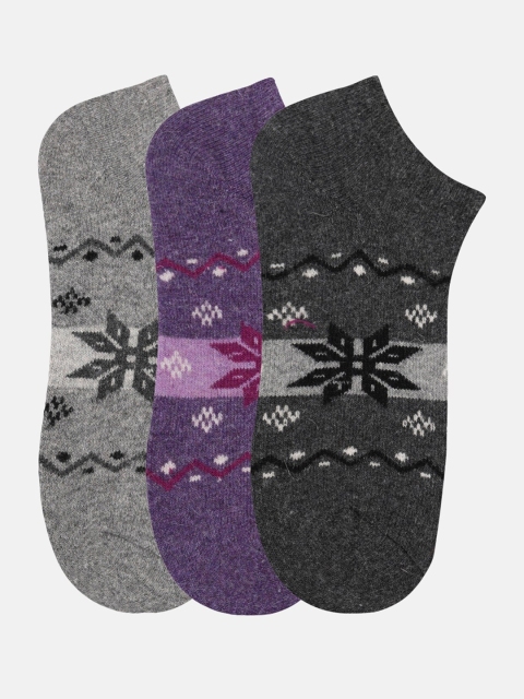 

N2S NEXT2SKIN Women Set of 3 Grey & Purple Ankle Length Woollen Socks