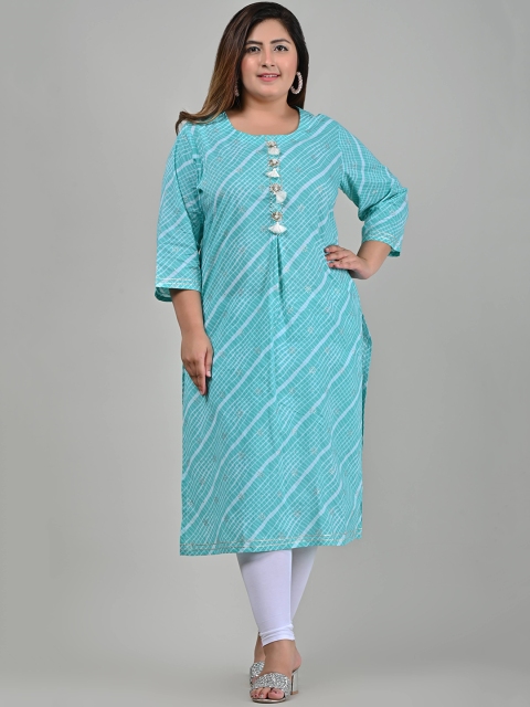 

Swasti Women Turquoise Blue Leheriya Striped Thread Work Kurta