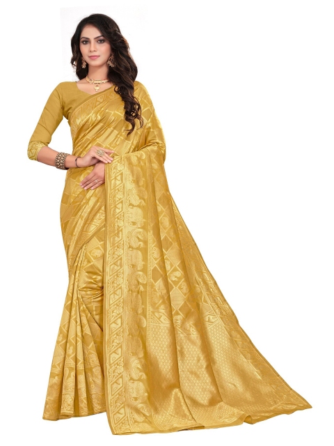 

KALINI Yellow & Gold-Toned Woven Design Zari Silk Cotton Banarasi Saree