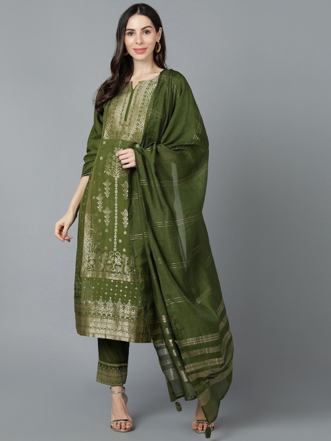 

AHIKA Women Green Ethnic Motifs Printed Pleated Kurta with Trousers & With Dupatta