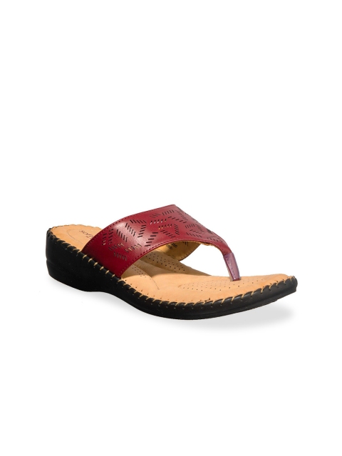 

Khadims Women Maroon T-Strap Flats with Laser Cuts
