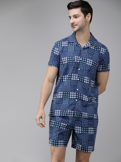 

THE BEAR HOUSE Men Blue & White Printed Pure Cotton Co-ord Set