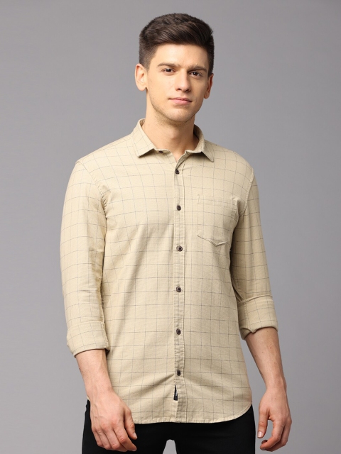 

Huggun Men Cream-Coloured Premium Slim Fit Grid Tattersall Checks Checked Casual Shirt